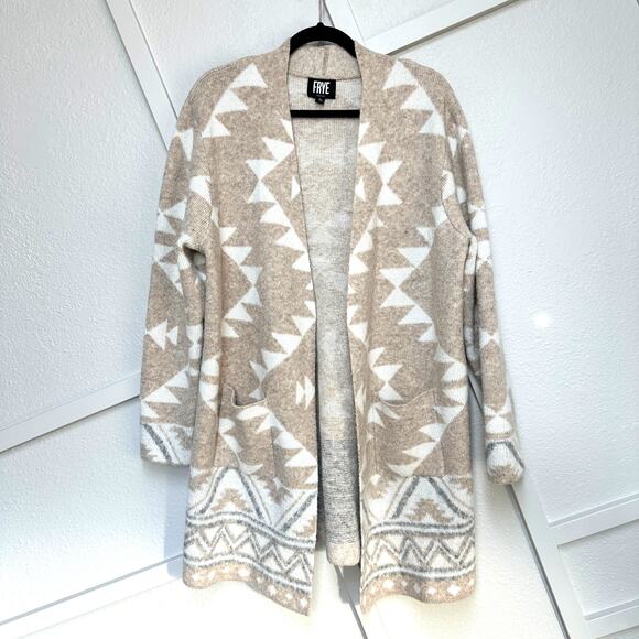 FRYE Cozy Aztec Print Jacquard Luxe Open Front Cardigan Patch Packets Sz: XL - Picture 1 of 6